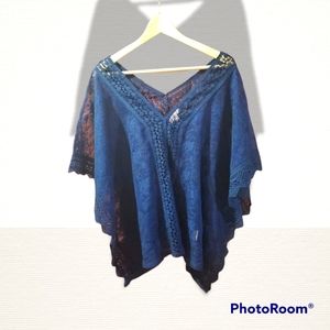Candies flowing Bohemian crochet poncho blouse blue medium lace crochet